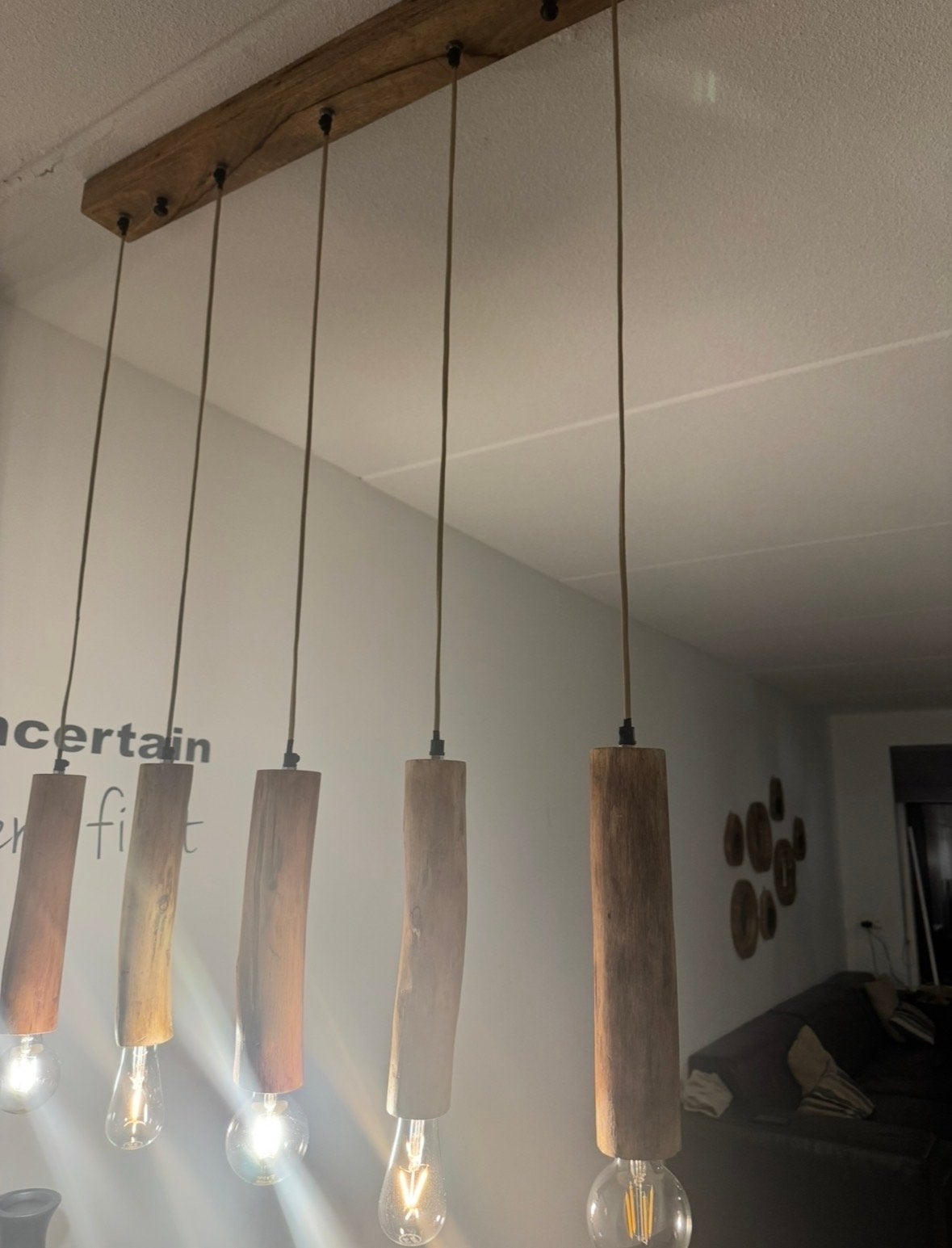 Unieke houten hanglamp met 5 Edison gloeilampen, Ophalen, Gebruikt, Hout, E27 (groot)