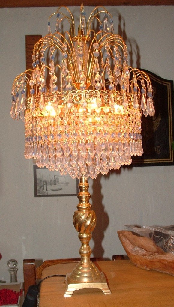 Swarovski Tafellamp lamp - kristal glas met bladgoud, dimmer, Ophalen, Zo goed als nieuw, Glas