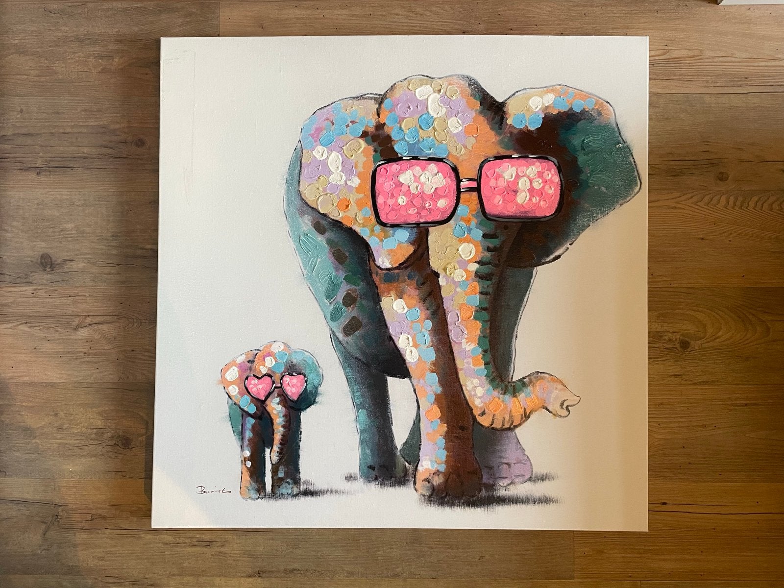 Olifanten schilderij op canvas 90x90 - Modern en kleurrijk, Ophalen, Textiel, Handgeschilderd, Dieren