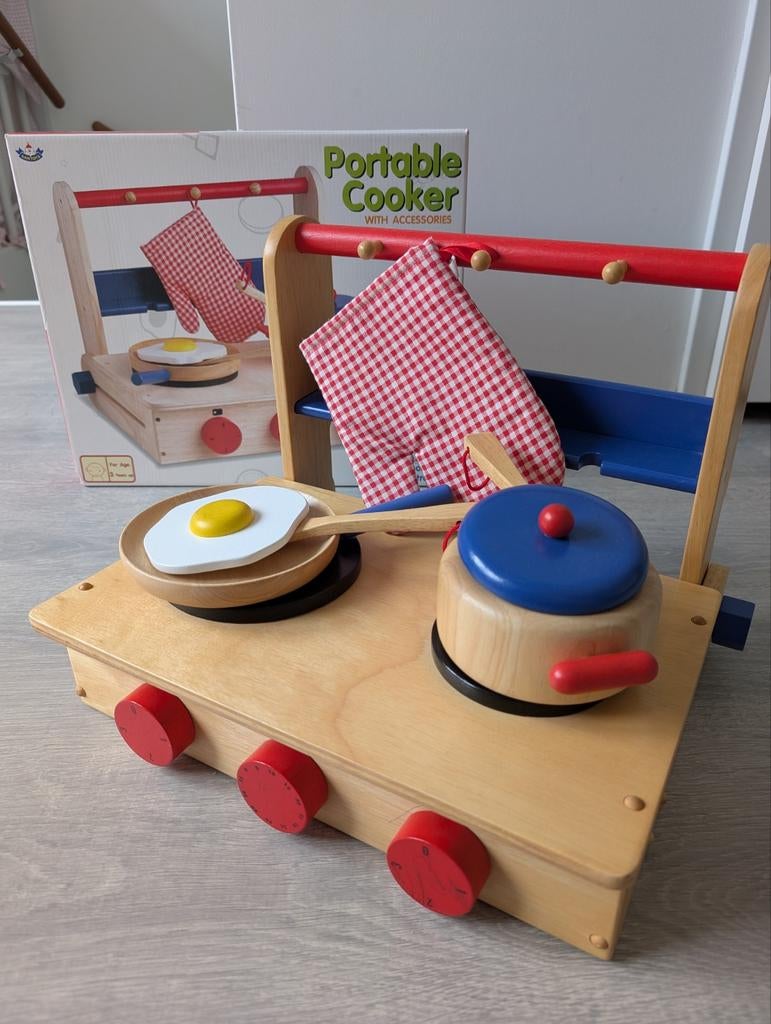 Opbouwbaar houten kookeiland met pannen en spiegelei, Ophalen of Verzenden
