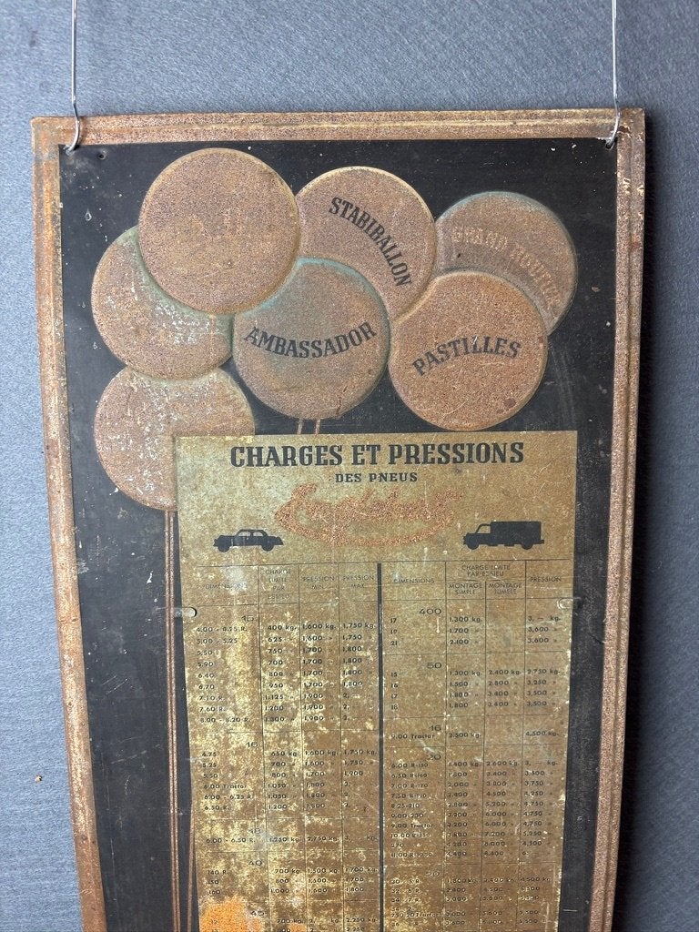 Englebert bandenspanning tabel blik 74 x 34 cm, Reclamebord, Gebruikt, ., Ophalen of Verzenden