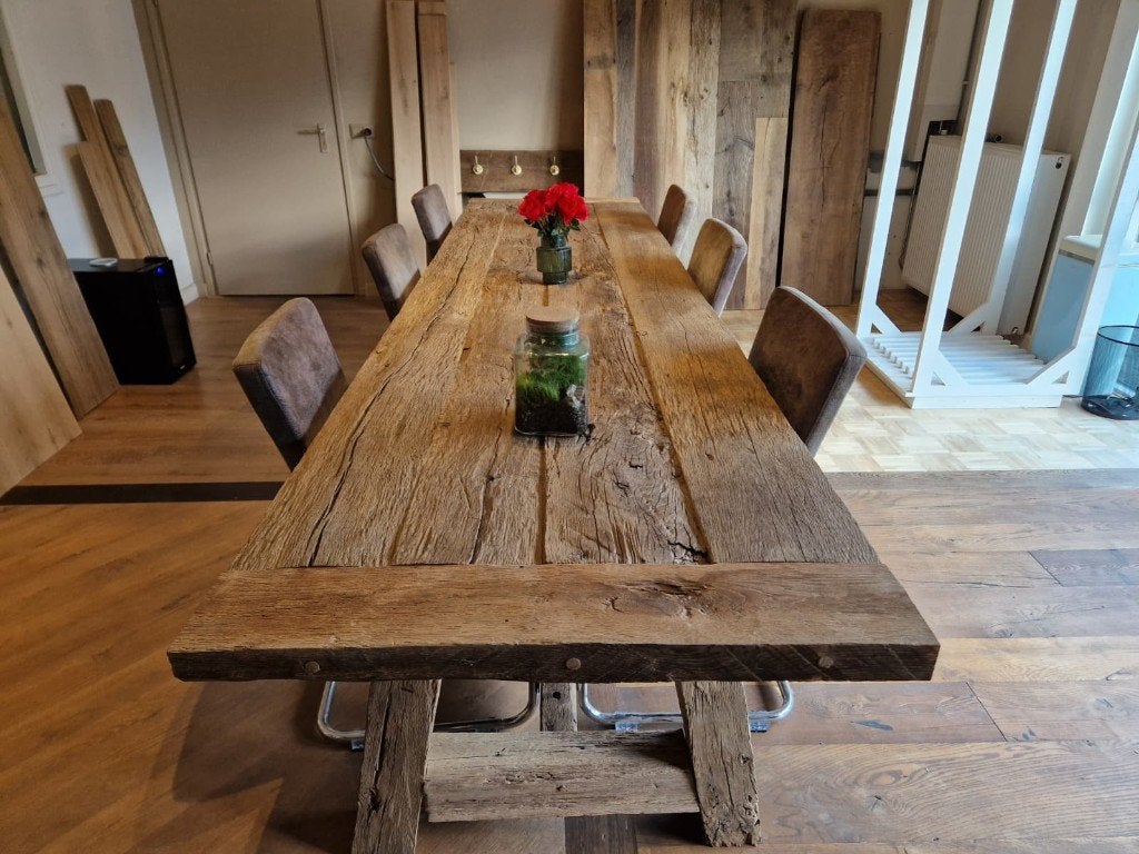 Oud Eiken tafels, Huis en Inrichting, Tafels | Eettafels, Ophalen, Eikenhout, Vijf personen of meer, 200 cm of meer