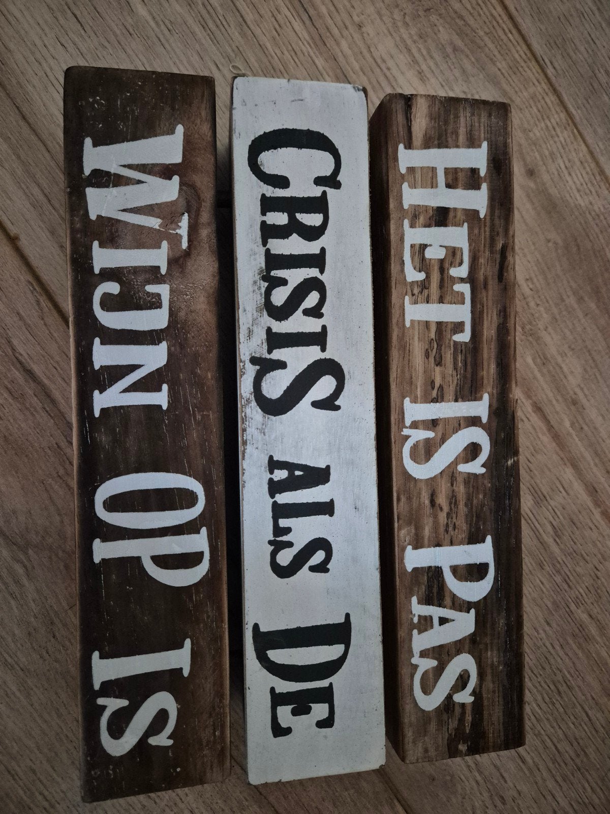 Decoratieve houten blok met spreuk, Hout, Gebruikt, Meerkleurig, Ophalen of Verzenden