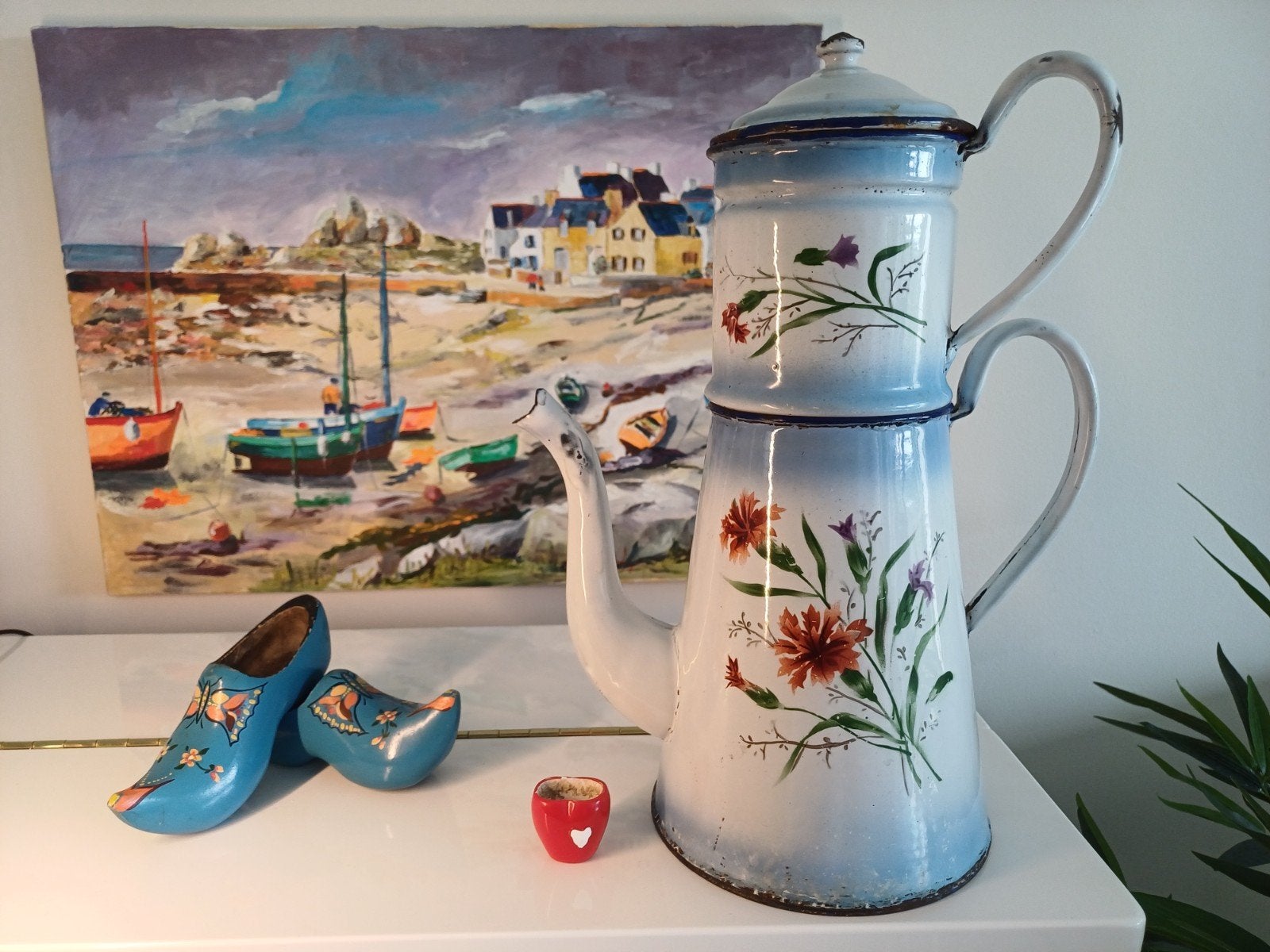 emaille koffiepot met filter en fraai bloemmotief, Ophalen of Verzenden