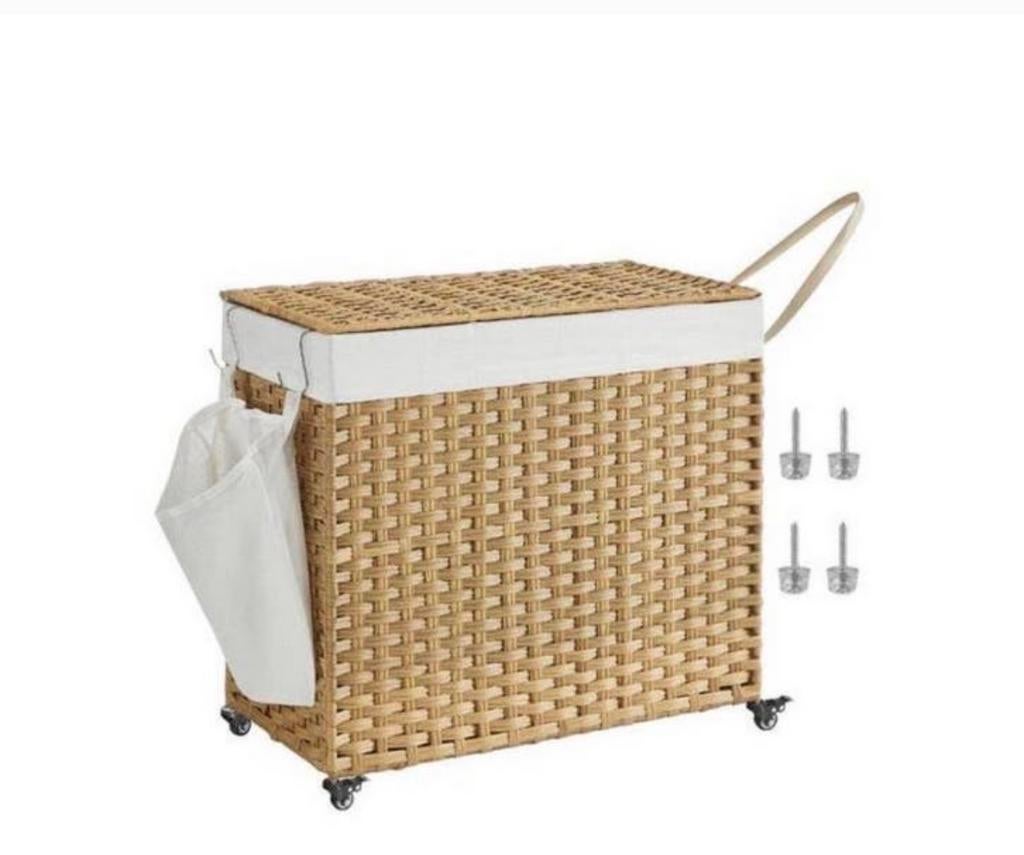 Wicker wasmand op wielen met deksel en waszak NIEUW, Nieuw, Ophalen of Verzenden, Natuurlijk materiaal, Bruin