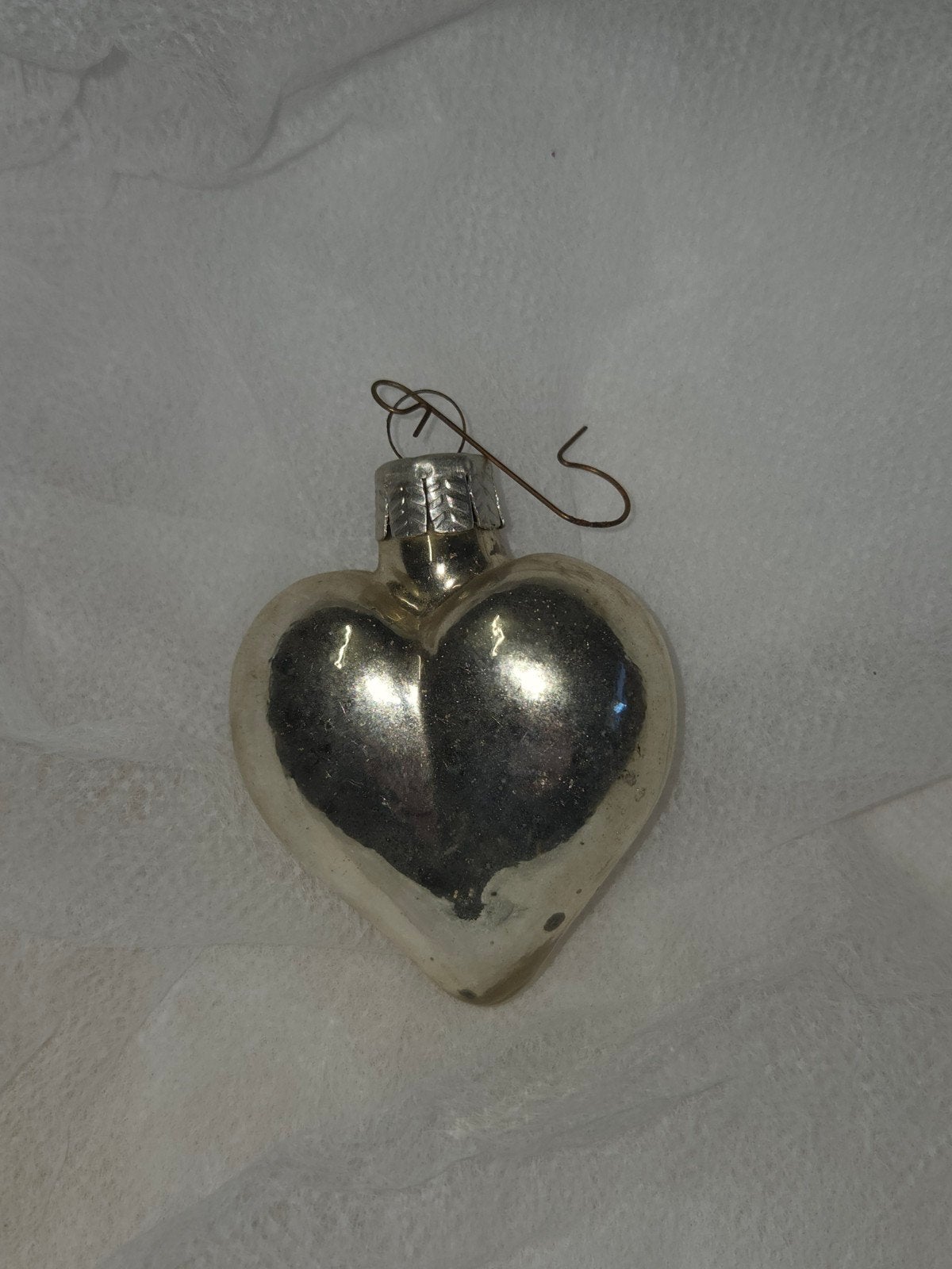 Oude Antieke Glazen Kerstbal Hart Zilver - Vintage, Ophalen, Gebruikt