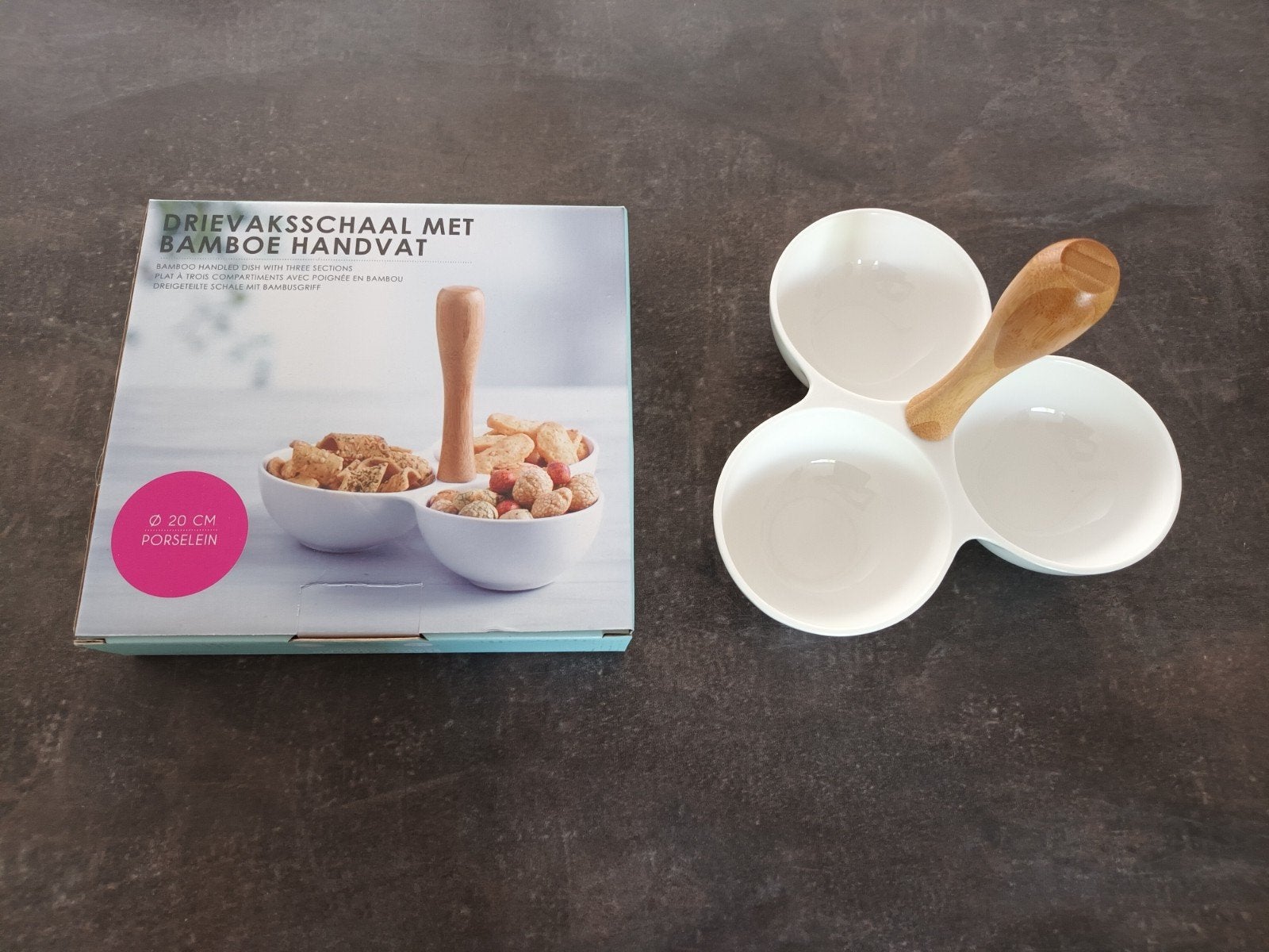 Porseleinen Drievaksschaal met Bamboe Handvat, Met handvatten, Porselein of Keramiek, Schaal, Nieuw