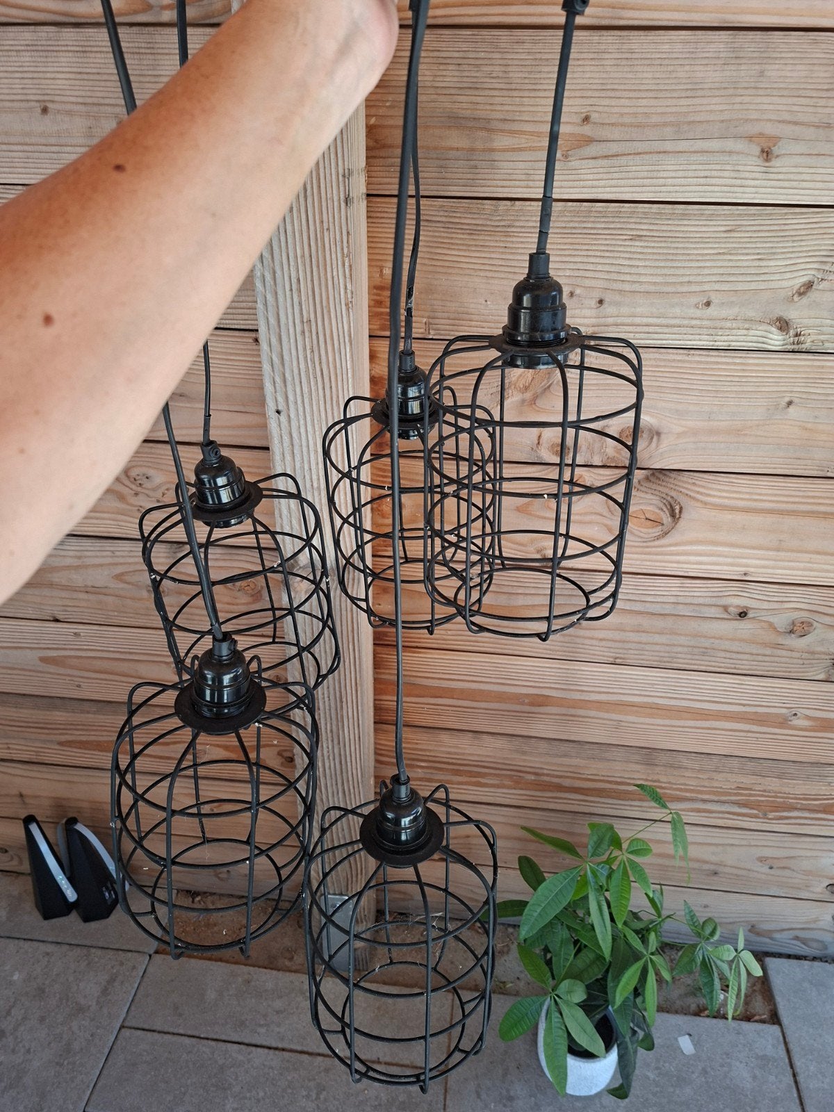 Zwarte industriële hanglamp met 5 kooilampen, Ophalen, Gebruikt, E27 (groot), Metaal