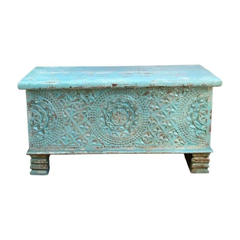 Prachtige Handgesneden Dekenkist / Opbergkist – Turquoise, Huis en Inrichting, Woonaccessoires | Kisten, Ophalen, Minder dan 50 cm