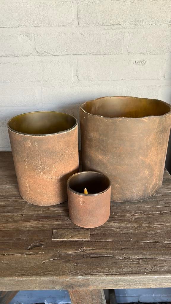 Drie roest windlichten, hoffz, Aura Peeperkorn, Ophalen, Zo goed als nieuw, Glas, Landelijk