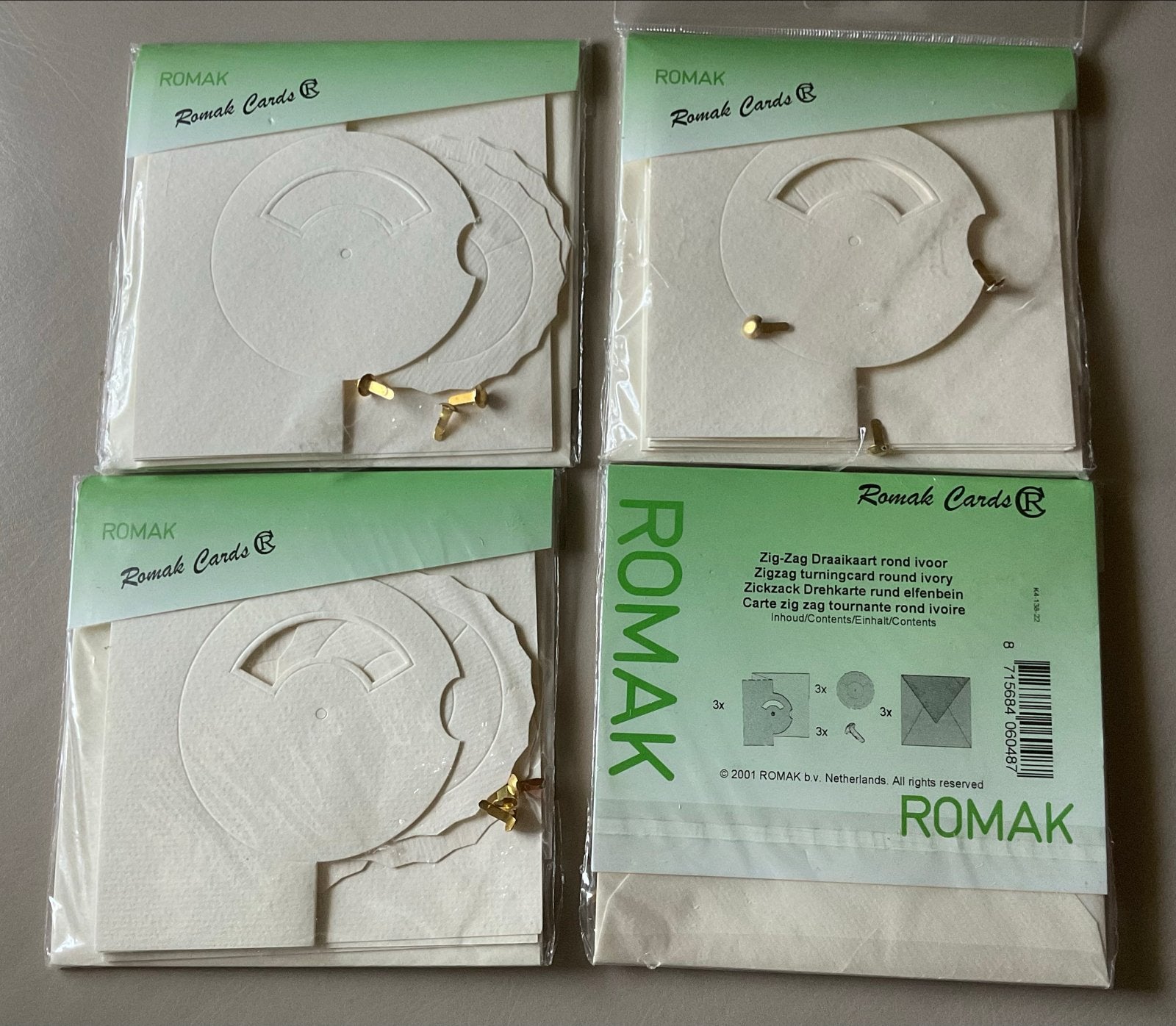 Romak Cards Zig-Zag Draaikaart rond ivoor (4 sets), Ophalen of Verzenden, Nieuw, Overige thema's, Blanco kaart of Basiskaart