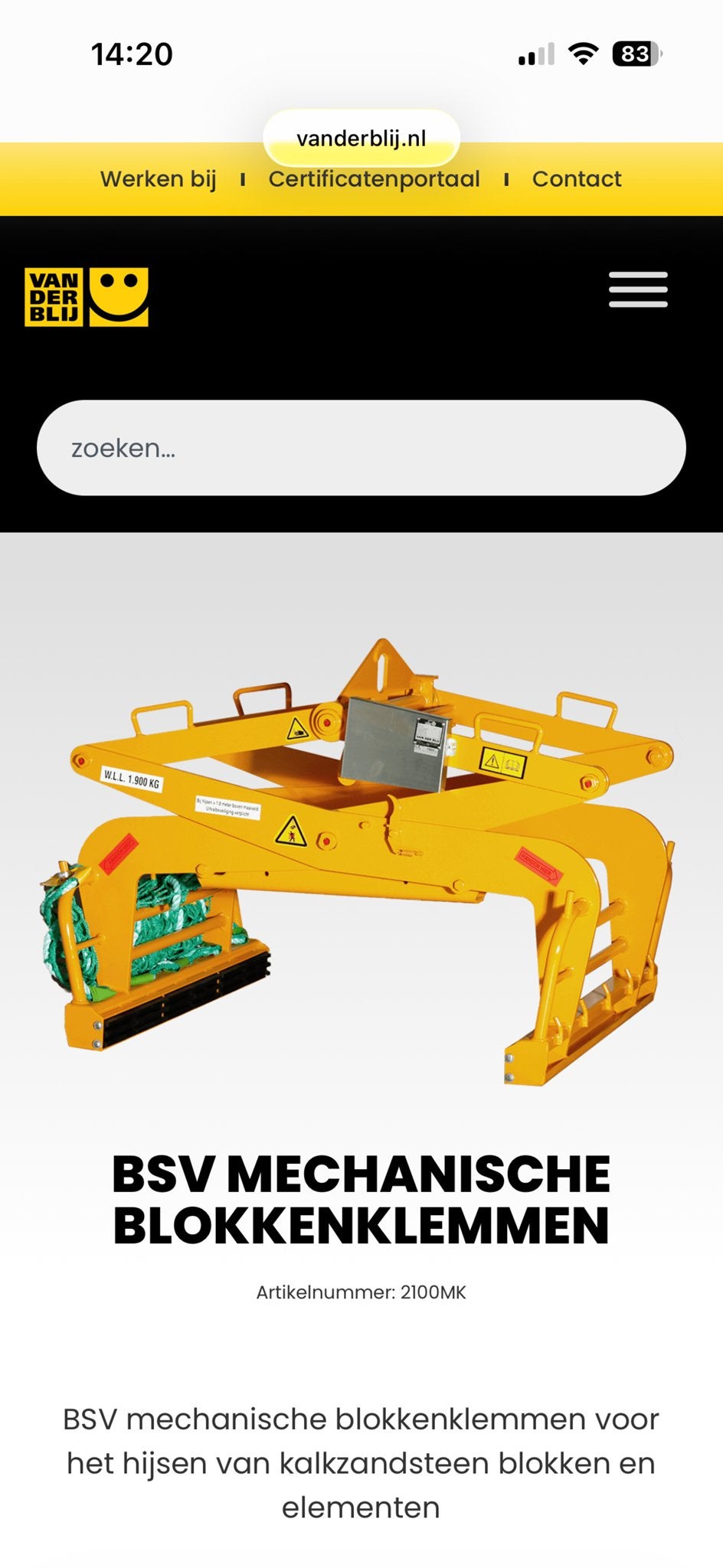BSV Mechanische Blokkenklem - 1300 kg WLL, Ophalen of Verzenden