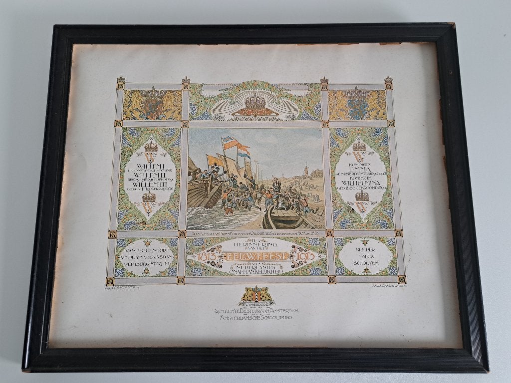 Prent eeuwfeest 1813-1913 Gem. Amsterdam schooljeugd(lijst), Verzamelen, Gebruikt, Ophalen of Verzenden, Voor 1940, Prent