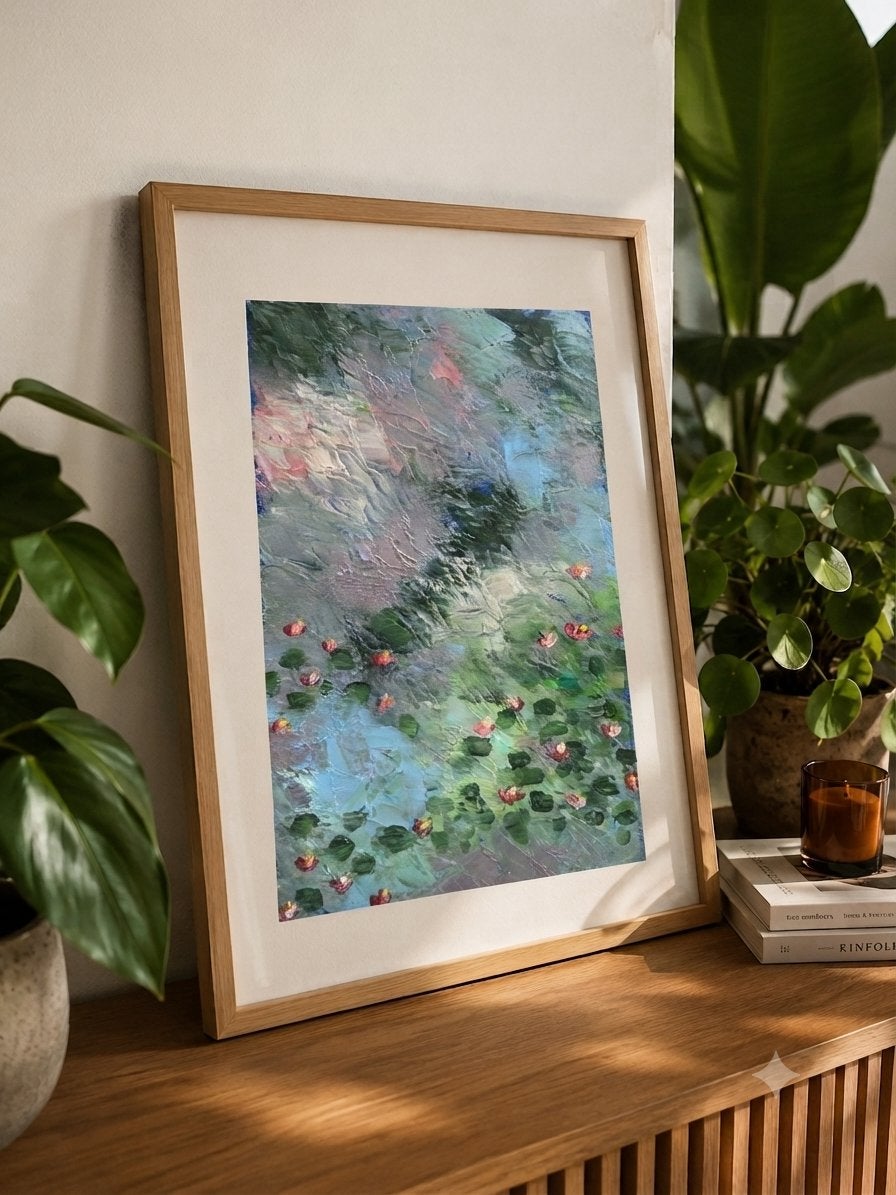 Abstracte Waterlelies Schilderij, Acrylverf, Handgeschilderd, Ophalen of Verzenden, Bloemen