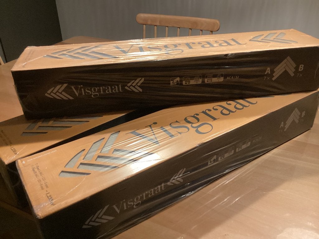 Drie dozen visgraat laminaat oak sand, Ophalen, 50 tot 150 cm, Nieuw, 10 tot 30 cm