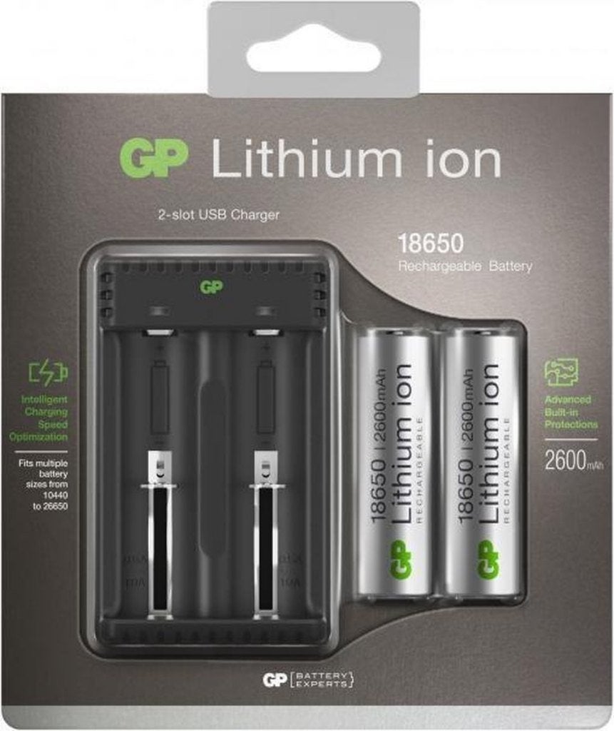 GP USB lader premium+2x 18650 oplaadbare batterijen 2600mA, Ophalen, Nieuw, Oplaadbaar