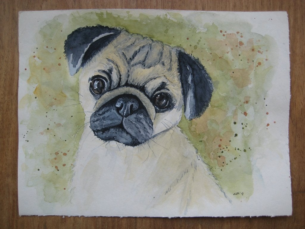 Aquarel Mopshondje, Ophalen, Minder dan 50 cm, Oorspronkelijke maker, Nieuw
