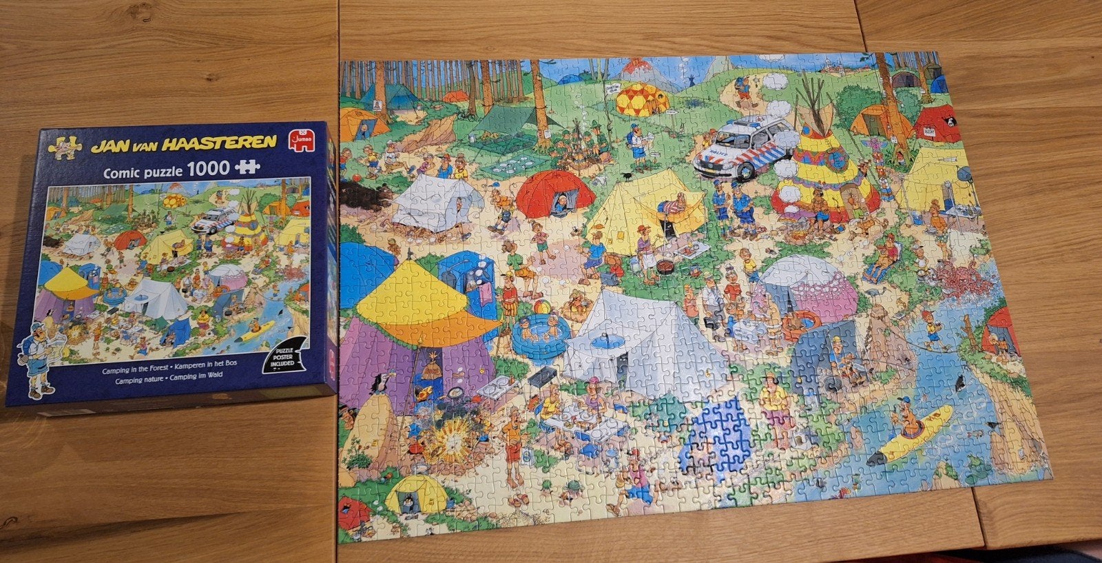 Jan van Haasteren puzzel 1000 stukjes kamperen in het bos, Hobby en Vrije tijd, Denksport en Puzzels, Ophalen of Verzenden, 500 t/m 1500 stukjes