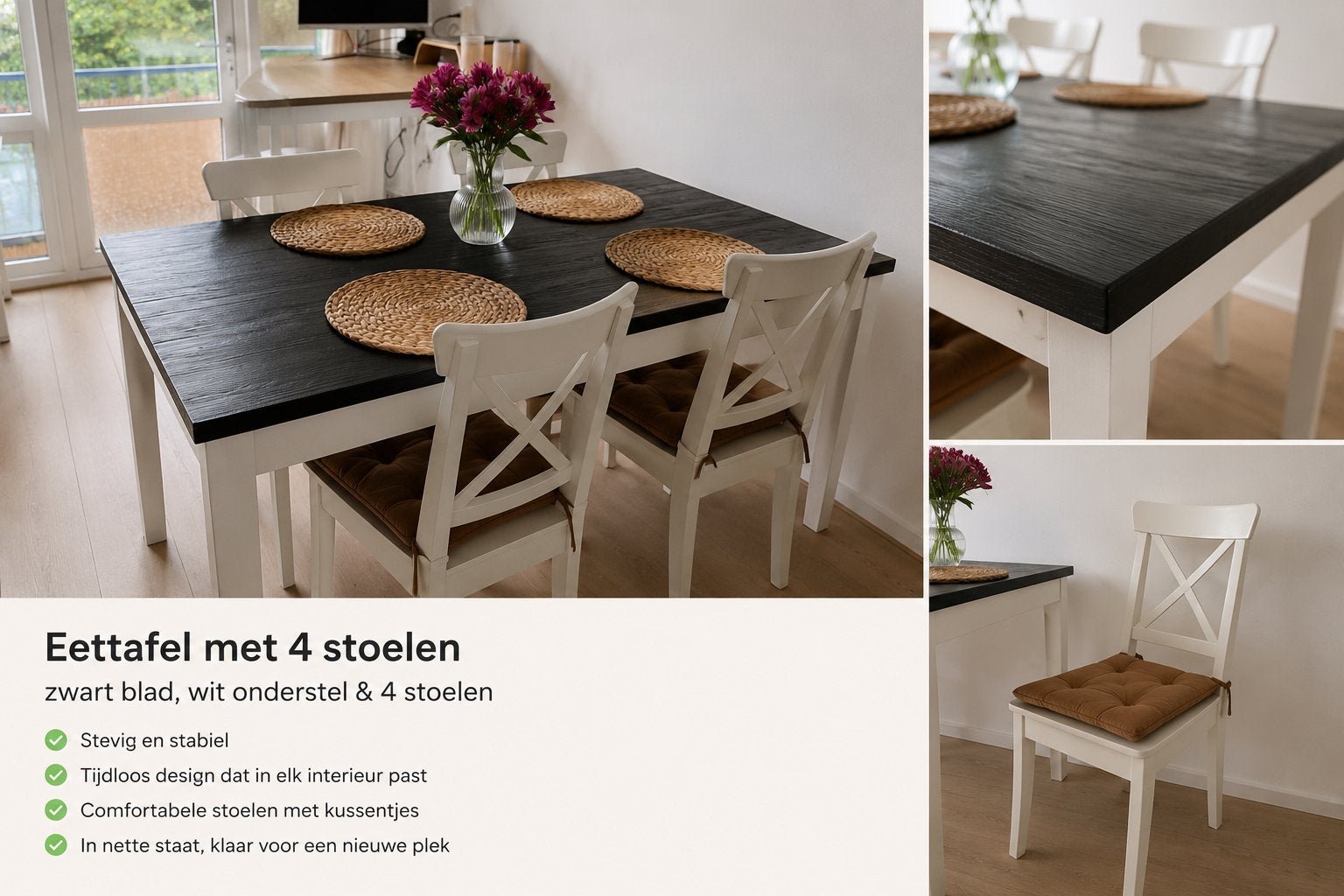 Eettafel met 4 stoelen - zwart blad, wit onderstel, Ophalen, Gebruikt, 50 tot 100 cm, Vier personen