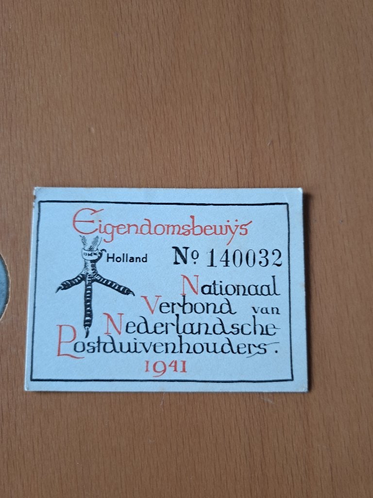 Nat verbond eigendomsbewijs postduiven 1941, Ophalen of Verzenden, Gebruikt, Opgezet dier