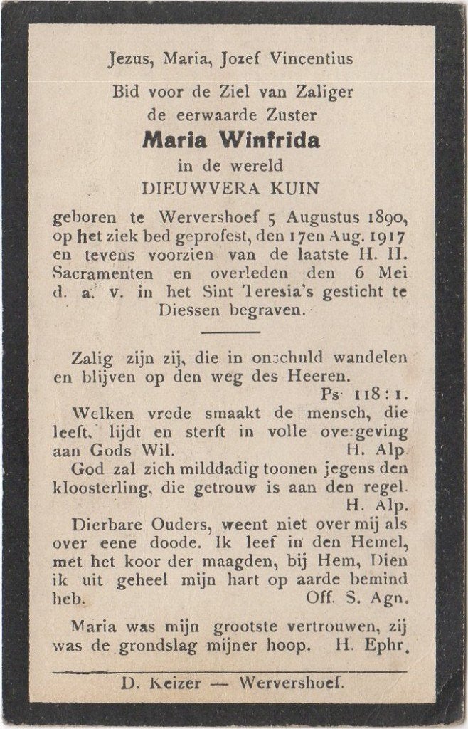 zr. Dieuwvera Kuin 1890 Wervershoof + 1918 Diessen, 27 jaar, Verzamelen, Bidprentjes en Rouwkaarten, Verzenden