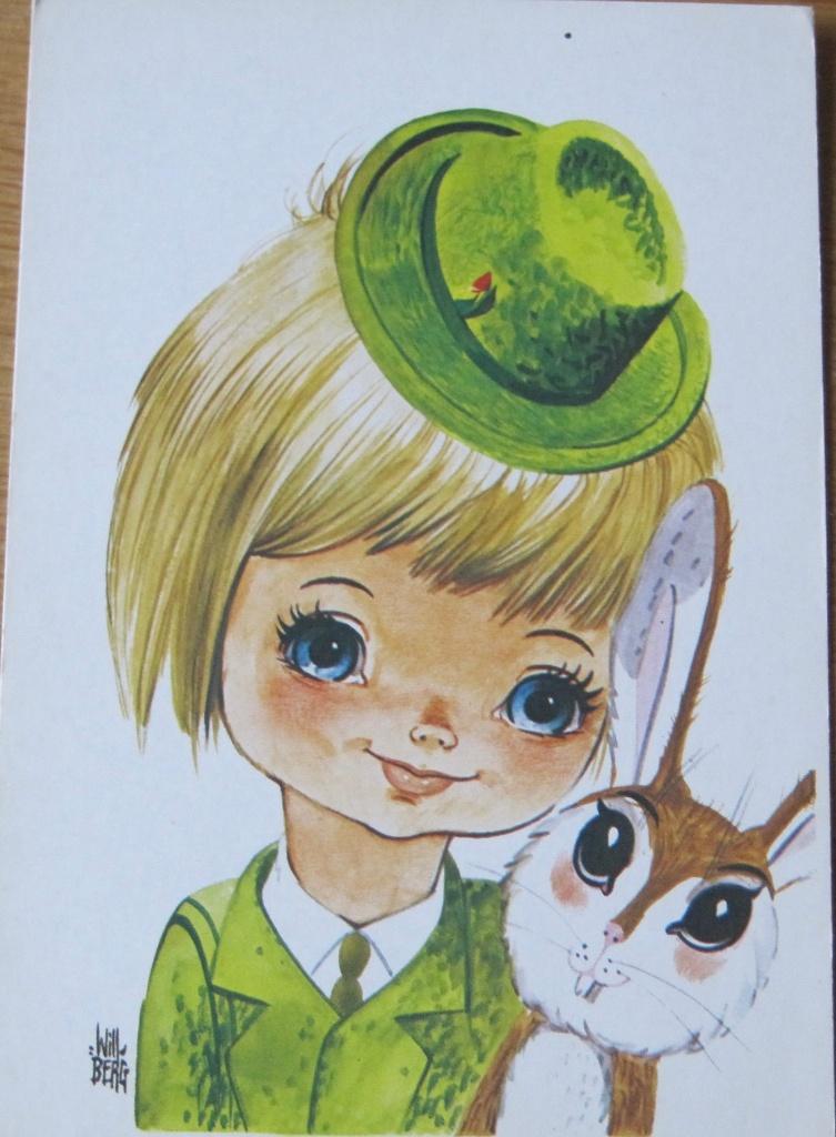 meisje met groen hoedje en konijn - Will Berg - nieuw, Verzenden, 1960 tot 1980, Ongelopen, Kinderen