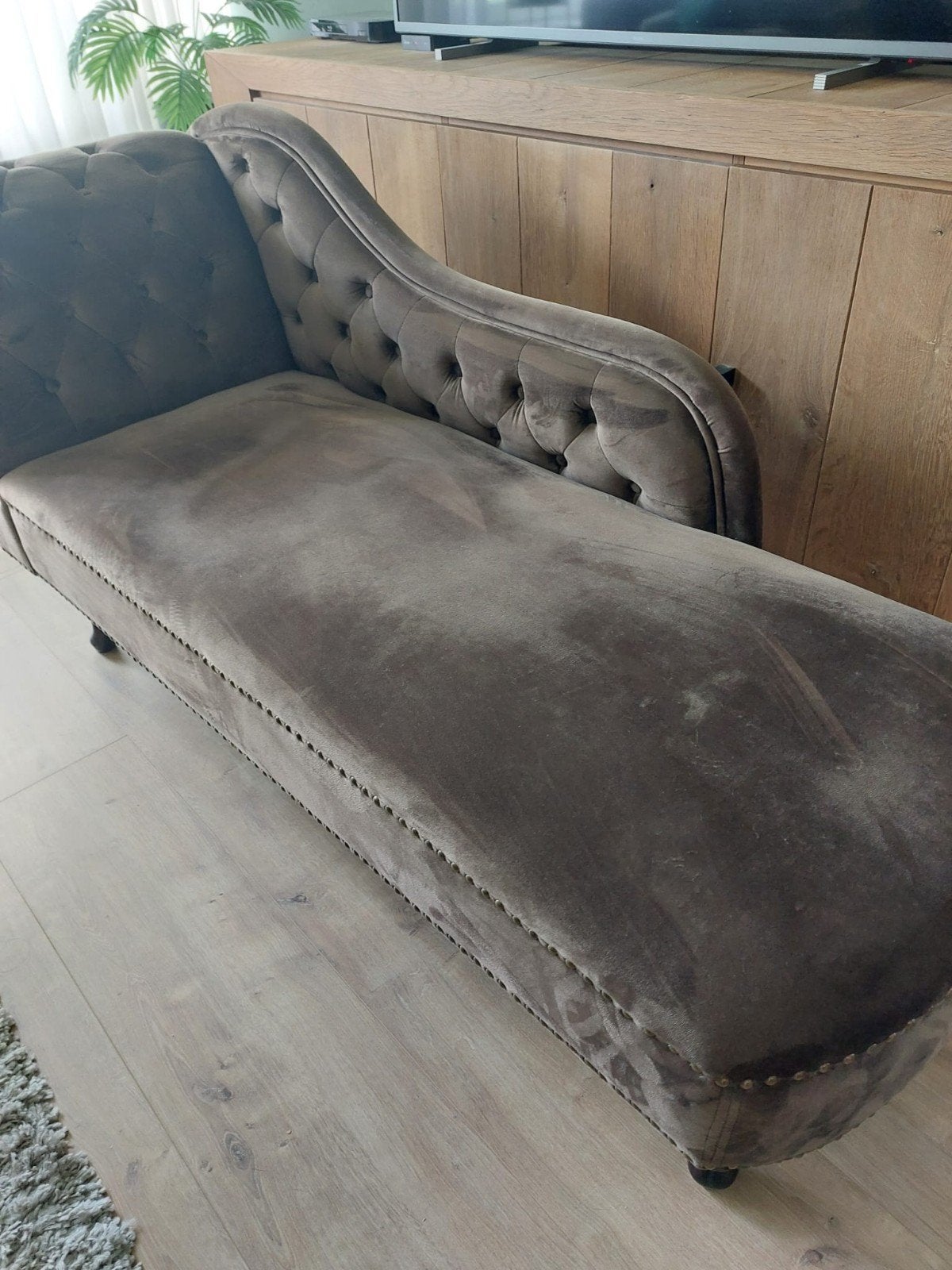 Lounge Bank :  Chaise longue kunstsuède bruin., Huis en Inrichting, Ophalen, Eenpersoons, Zo goed als nieuw, Stof