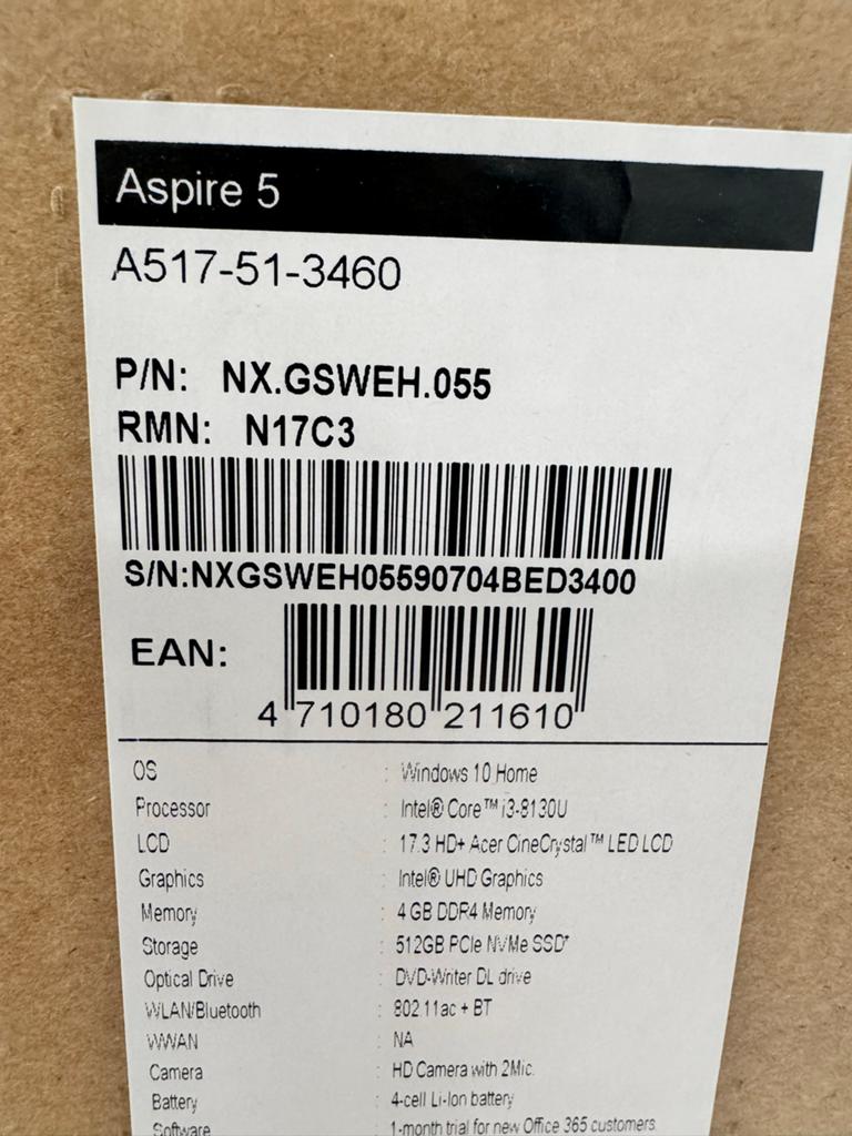 Acer Aspire 5 A517-51-3460 Laptop - Nieuwstaat, 2 tot 3 Ghz, Qwerty, Ophalen of Verzenden, Zo goed als nieuw