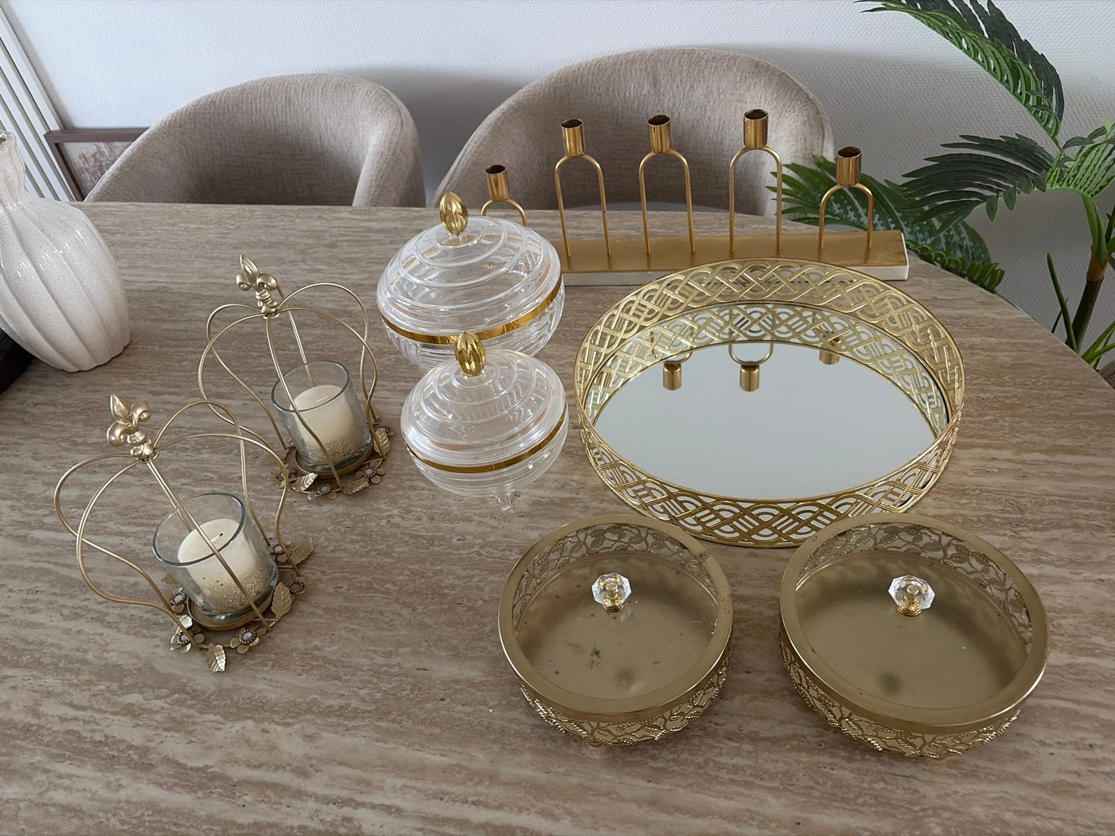 Gouden decoratieset: kandelaars, schalen en dienblad, Ophalen, Gebruikt, Overige merken, Metaal