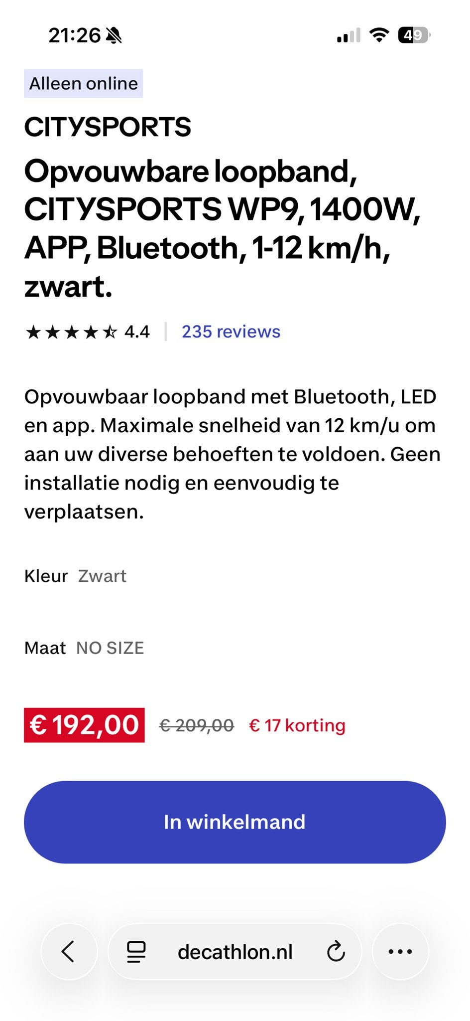 Opvouwbare Loopband CITYSPORTS WP9 - Zwart, Ophalen, Zo goed als nieuw, Overige typen