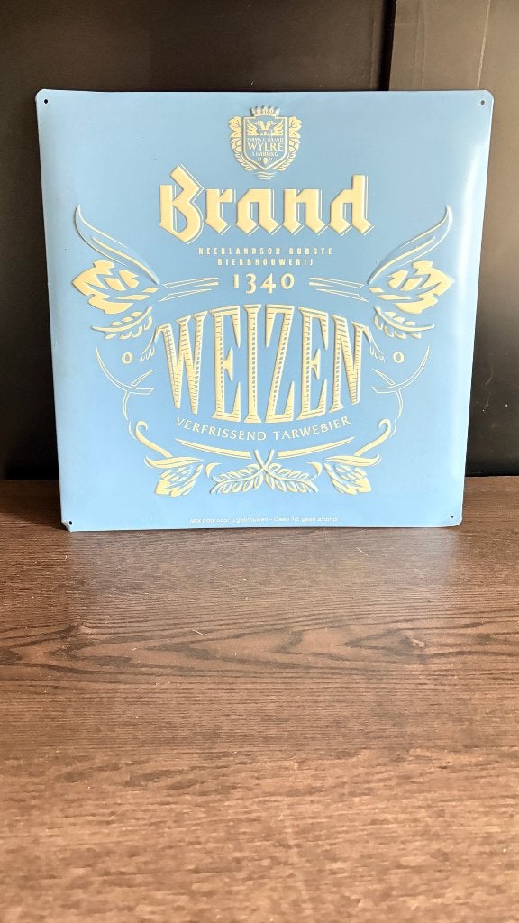 Brand Weizen blikken reclamebord – reliëf, lichtblauw, Ophalen, Gebruikt, Reclamebord, Plaat of Schild, Brand