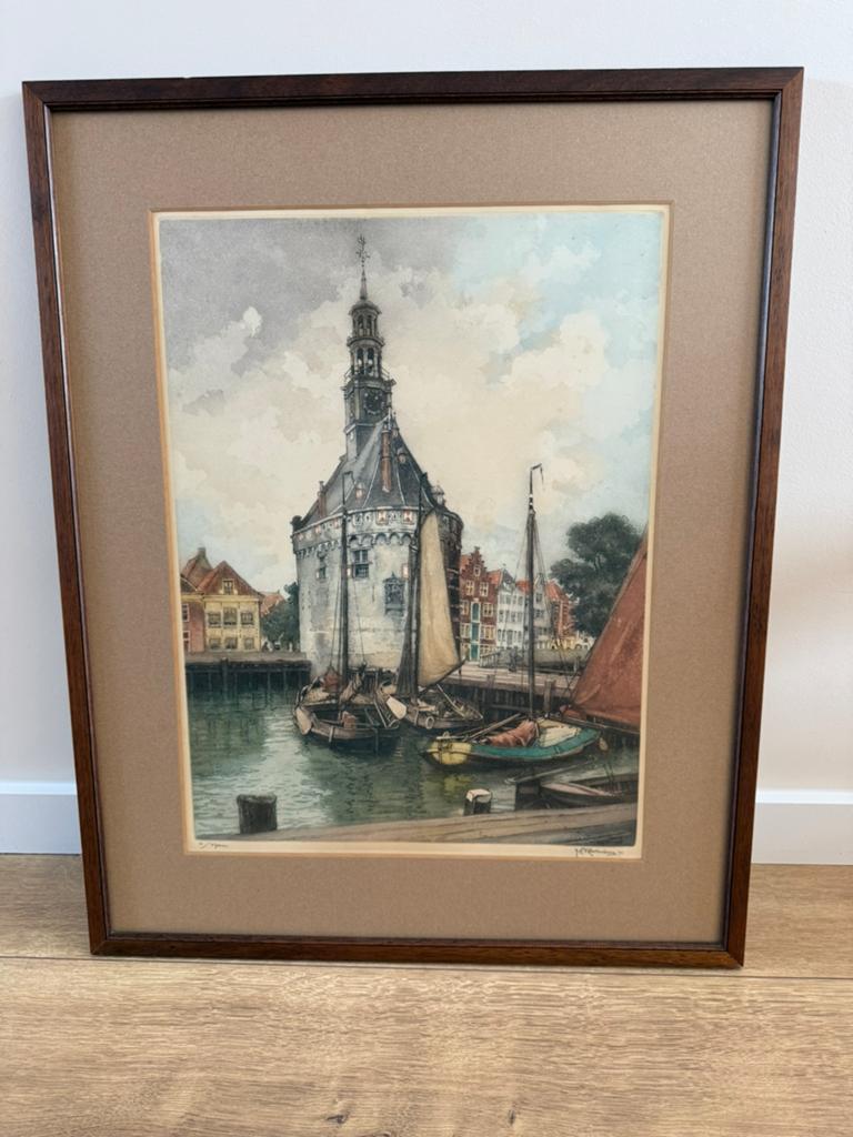Gekleurde ets Hoofdtoren Hoorn, Antiek en Kunst, Kunst | Etsen en Gravures, Ophalen of Verzenden