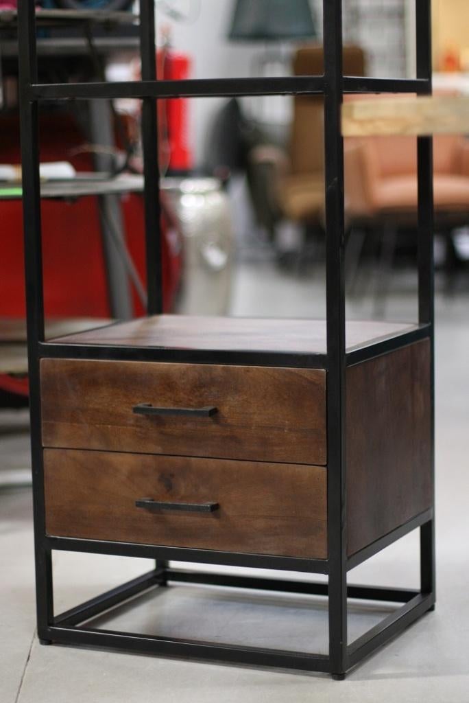 Mooie smalle open kast metaal mangohout met 2 lades, Huis en Inrichting, Kasten | Boekenkasten, Met plank(en), Nieuw, 50 tot 100 cm