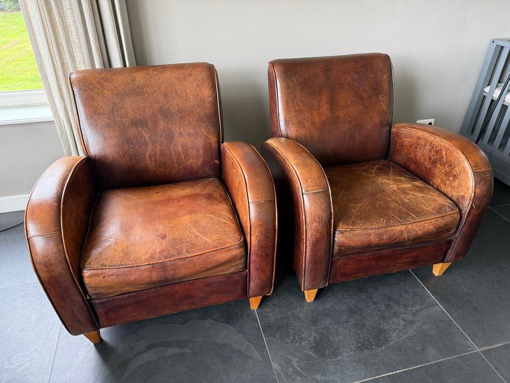 Twee prachtige schapenleren wagenwiel fauteuils, Huis en Inrichting, Fauteuils, Ophalen, Gebruikt, Leer, 75 tot 100 cm