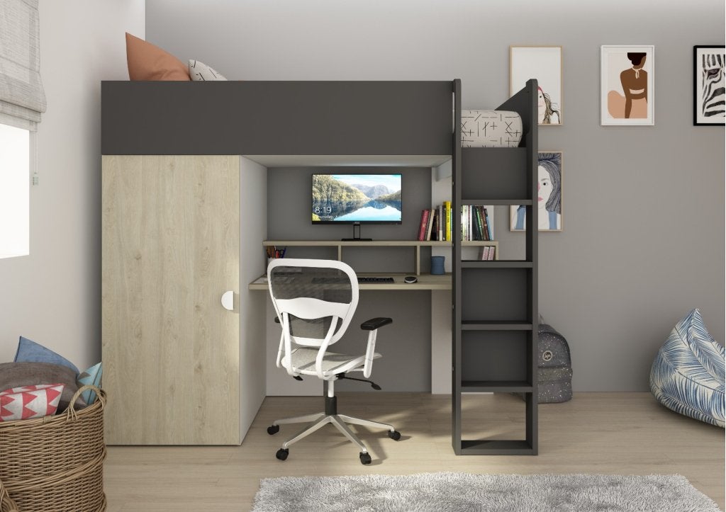Flow hoogslaper met bureau en kast - 90x200 - Eiken/antracie, Niet ingevuld, Niet ingevuld, Niet ingevuld
