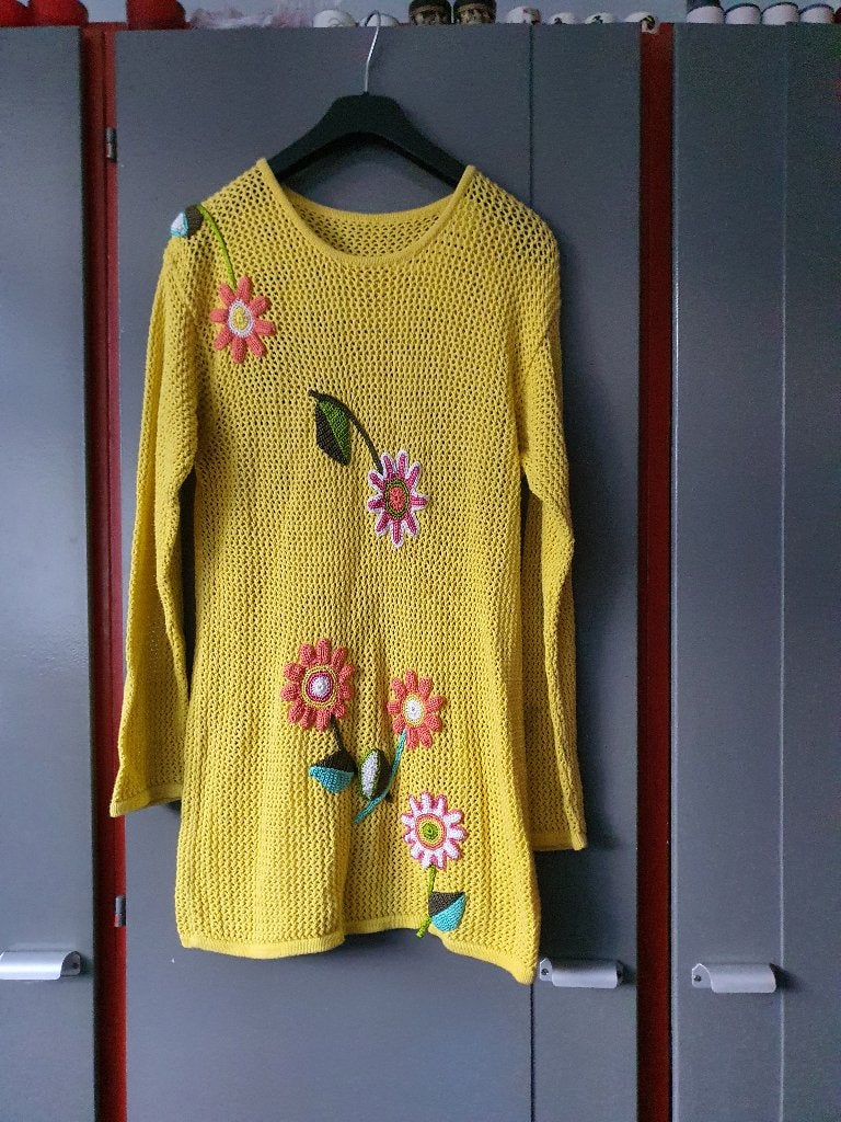 Gele boho trui met bloemen | statement knit maat L, Kleding | Dames, Truien en Vesten, Ophalen of Verzenden, Zo goed als nieuw