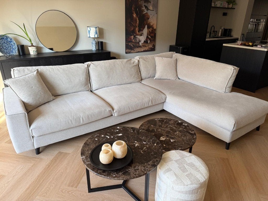 Goossens Bank Jonas Beige 3,5 zits + ligelement, Ophalen, Hout, Hoekbank, 300 cm of meer