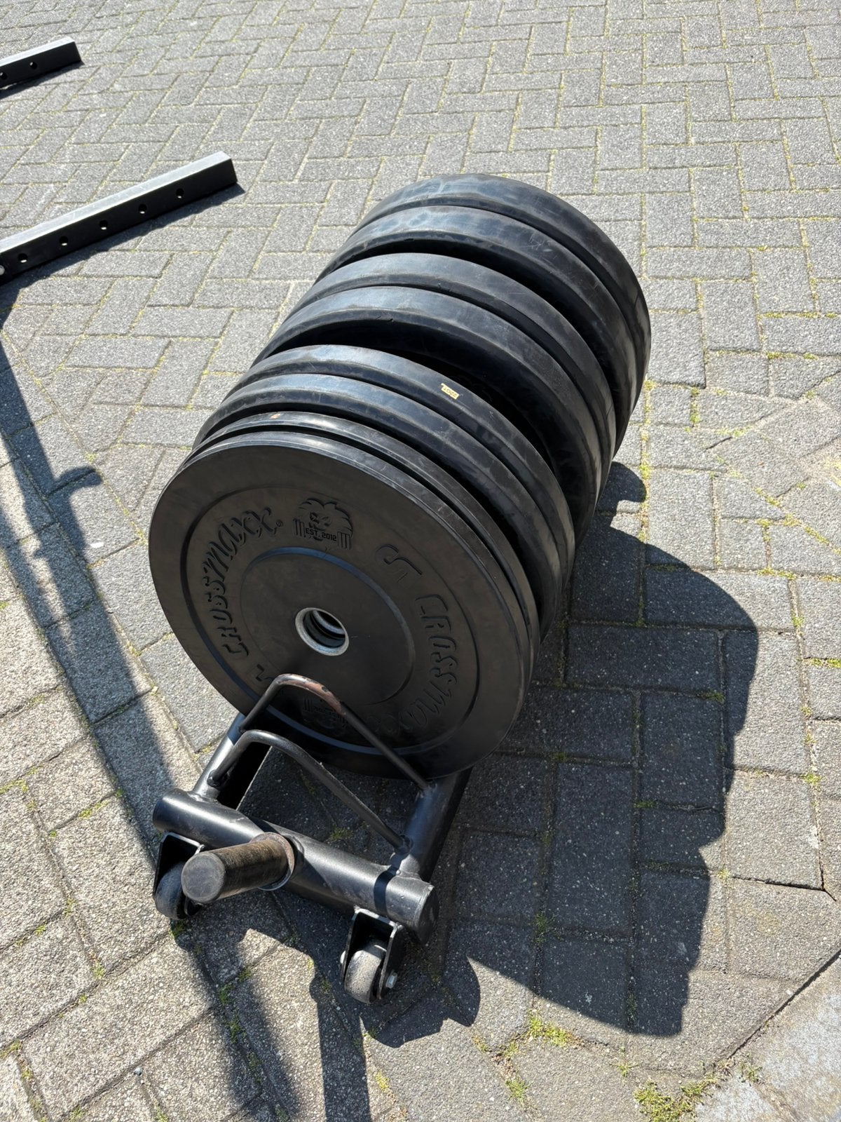 Crossmaxx 100 kg bumperplates incl  rek, Ophalen, Halterschijven, Gebruikt, Incl rek