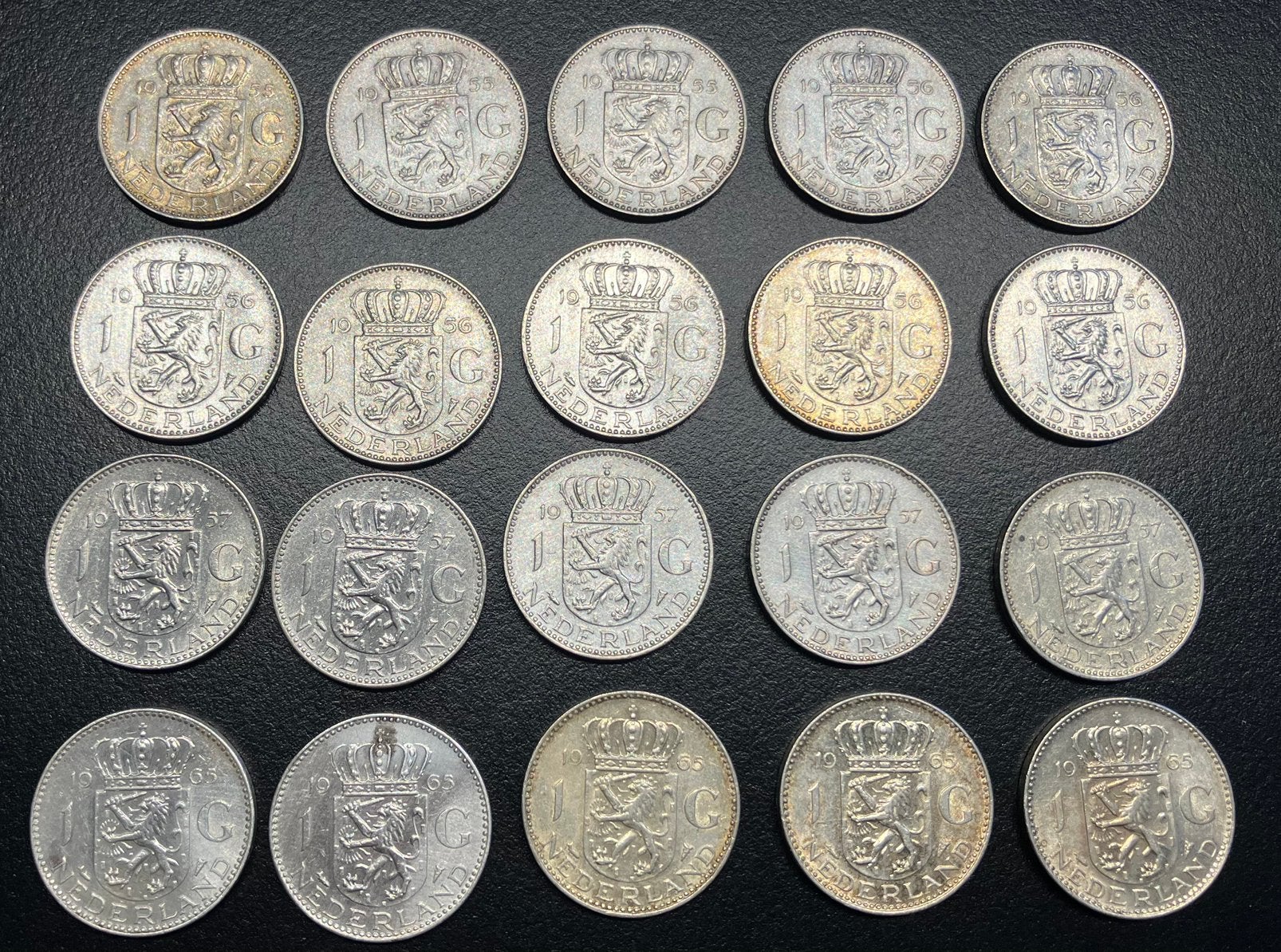 20 Zilveren guldens jaren 1955-56-57 en 1965, Postzegels en Munten, Munten | Nederland, 1 gulden, Koningin Juliana, Setje, Zilver