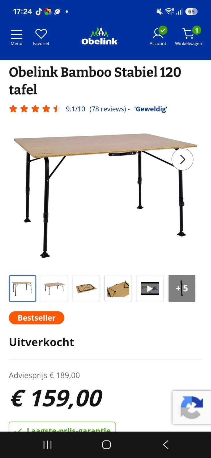Obelink bamboo stabiel 120 tafel, Ophalen, Zo goed als nieuw, Campingtafel