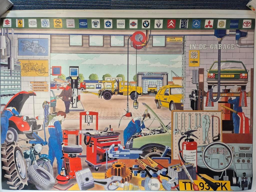 Schoolprenten / Praatplaten: In de Garage etc., Antiek en Kunst, Antiek | Schoolplaten, Natuur en Biologie, Ophalen