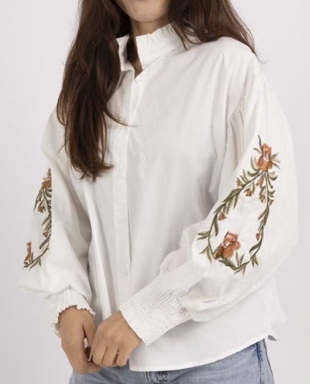 Blouse top ballonmouw wit bloemen boho barok chic S/M, Ophalen of Verzenden, Nieuw, Maat 38/40 (M), Wit