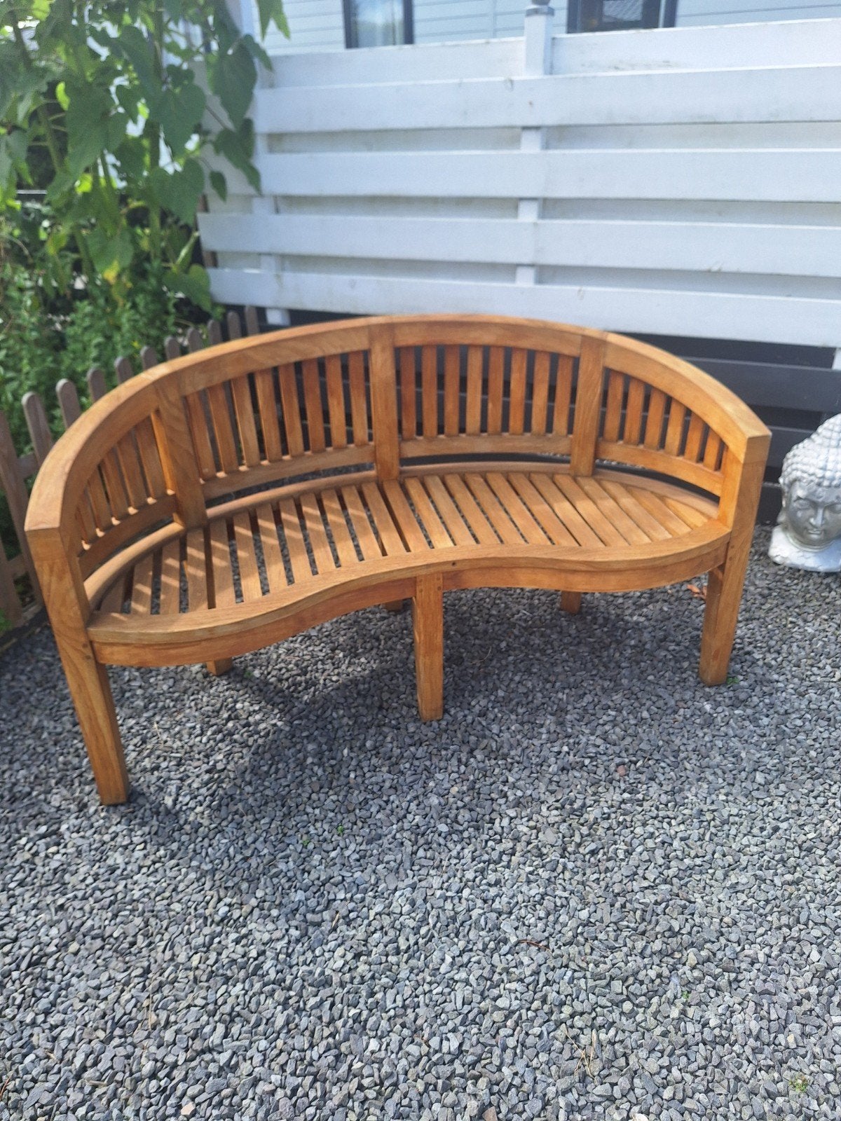 Mooie Teakhouten bananen Tuinbank - Gebogen Design, Ophalen, Zo goed als nieuw, Teakhout