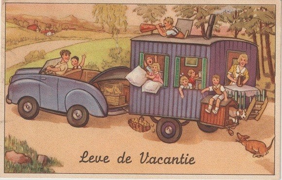 Getekend leve de vakantie met de sleurhut 1955, Verzamelen, Ansichtkaarten | Themakaarten, Verzenden, 1940 tot 1960, Gelopen, Overige thema's