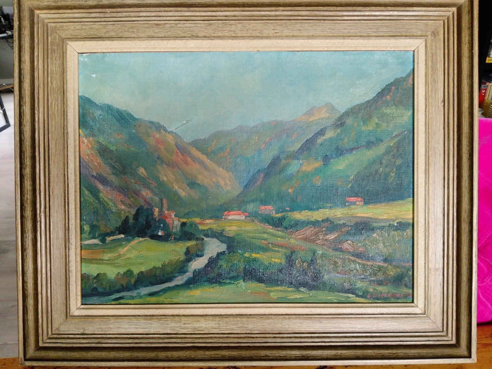 Schilderij Olieverf Landschap Bergdal Rivier Ingelijst, Doek, Realistisch, Origineel werk, Ophalen of Verzenden