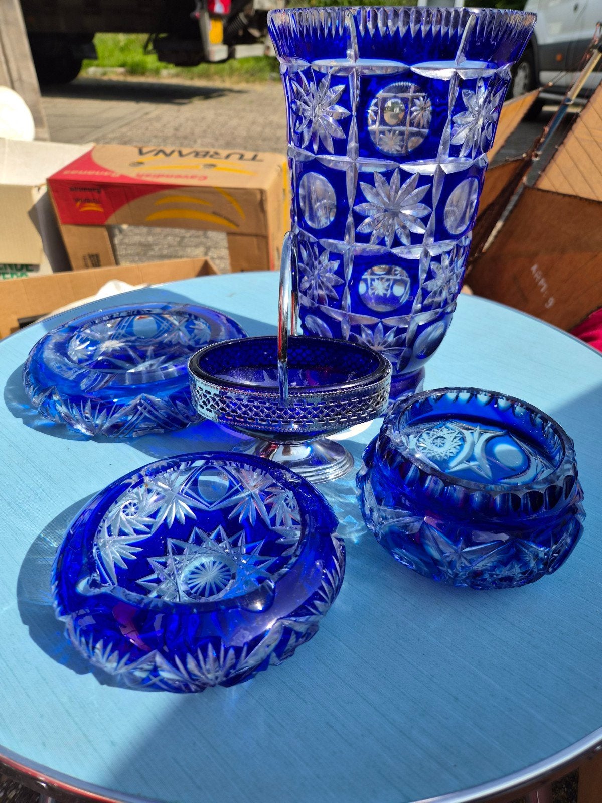 Vintage Boheems Kobaltblauw Geslepen Kristal Set, Antiek en Kunst, Antiek | Glas en Kristal, Ophalen of Verzenden