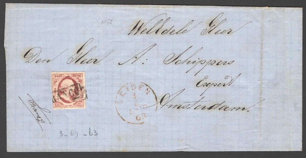 Nr 2 op Brief van Leiden naar Amsterdam, Postzegels en Munten, Brieven en Enveloppen | Nederland, Ophalen of Verzenden, Brief