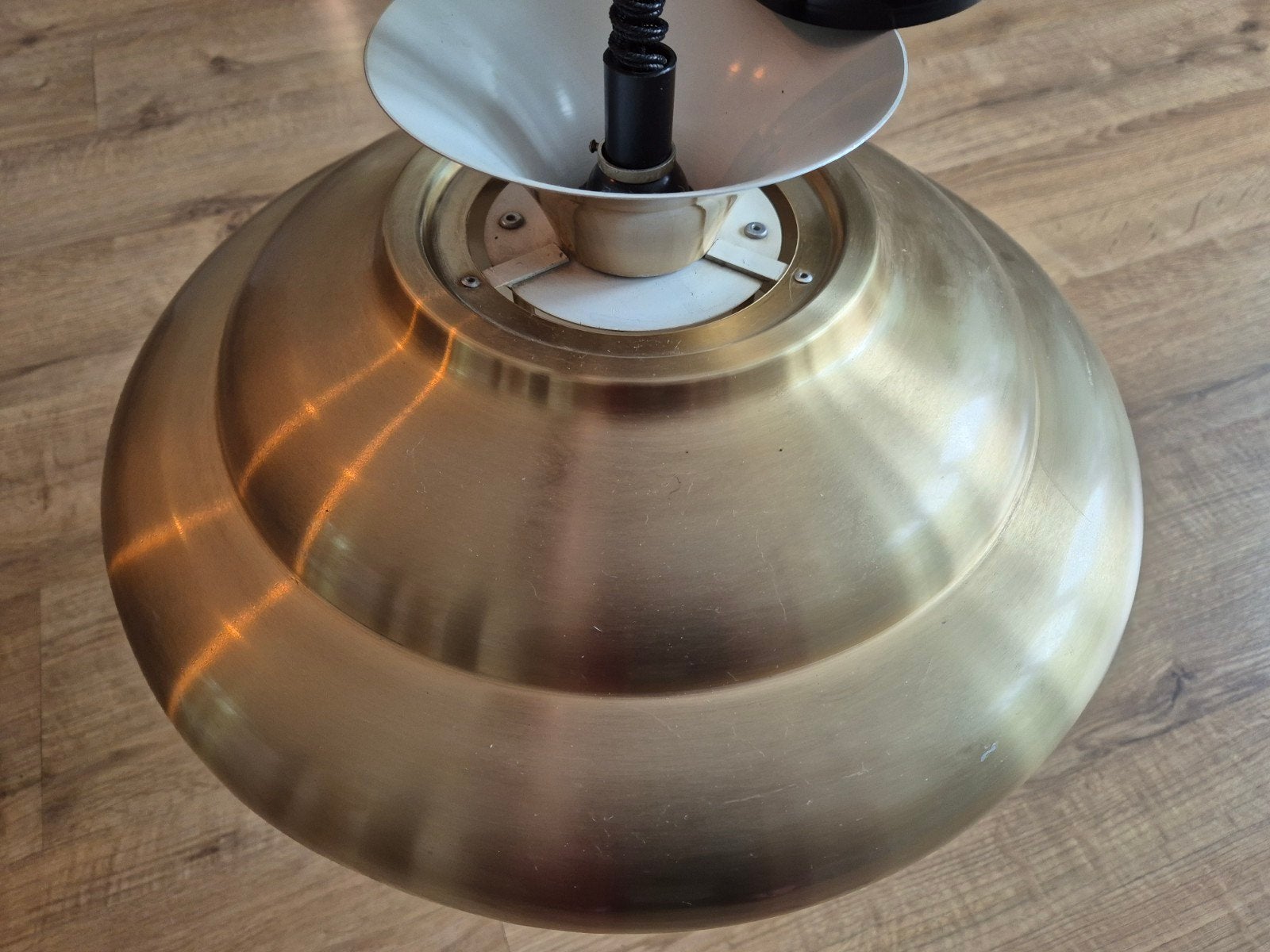 Vintage messing hanglamp met uitschuifbare spot, Ophalen, Gebruikt, Metaal, E27 (groot)