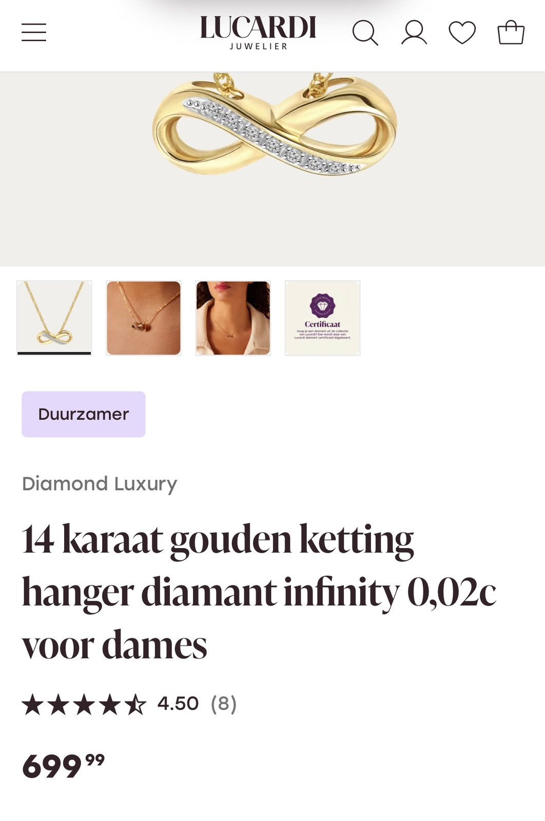 14k gouden infinity ketting met diamant, Ophalen of Verzenden, Zo goed als nieuw, Goud