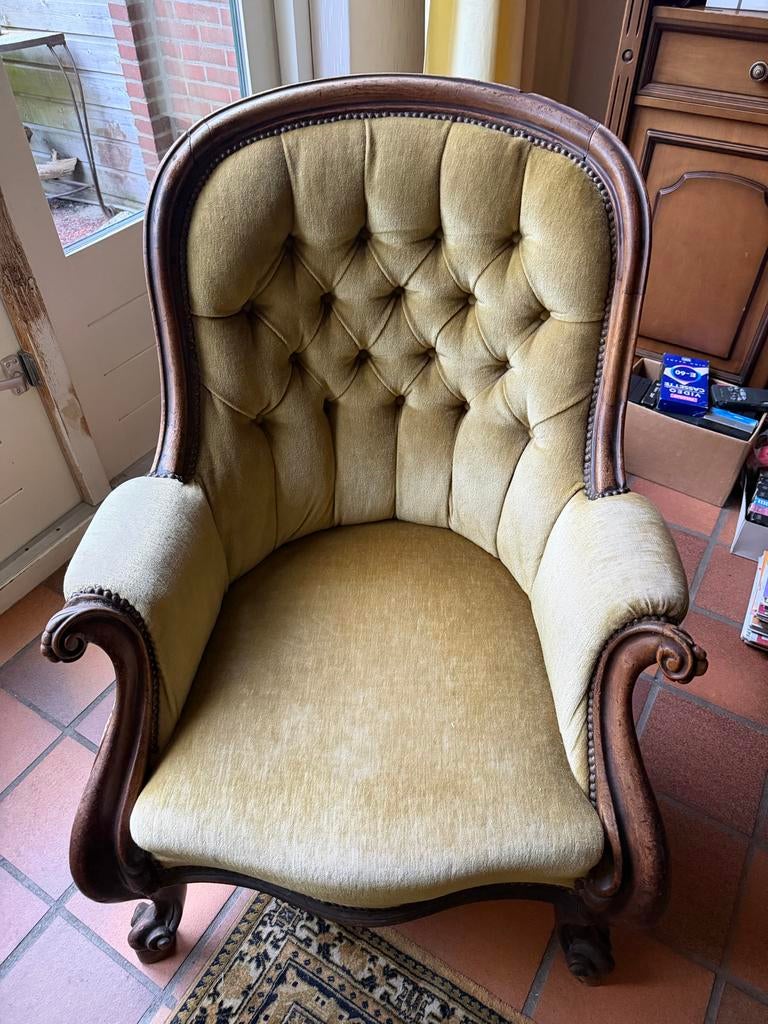 Antieke Voltaire armstoel, mahoniehout, velours bekleding, Ophalen of Verzenden
